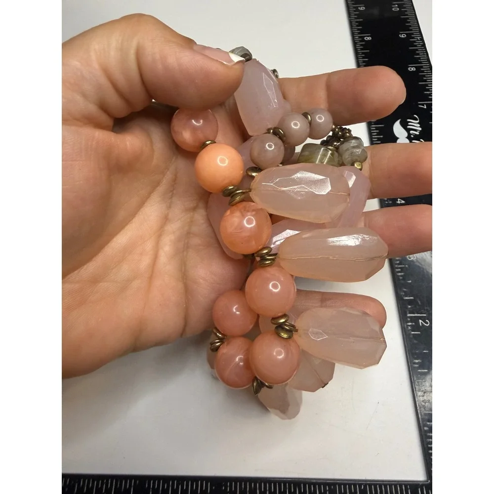 Pink Peach Multi Strand Beaded Statement Necklace Bronze Tone Chunky Bib